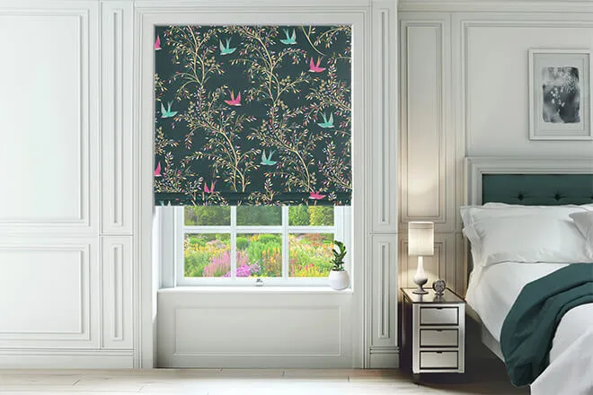 Sara Miller Swallows Forest Green - Designer Roman Blind