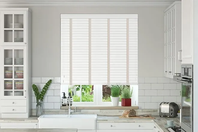 Charisma White Fine Grain - Faux Wood Blind Mist Tape