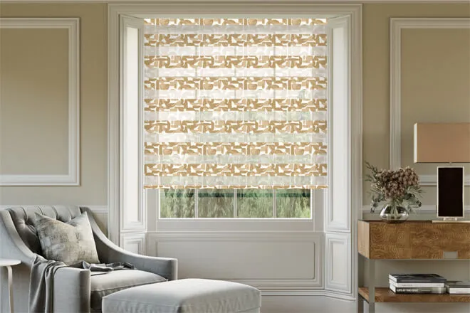 Fairway Gold Geometric Day And Night Blind With Ultra Fine Patterned Voile