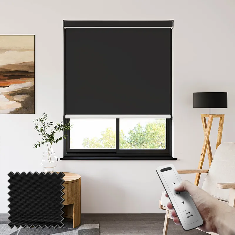 Pvc Blackout Black Somfy Battery Powered Roller Blinds Wipe Clean Fabric