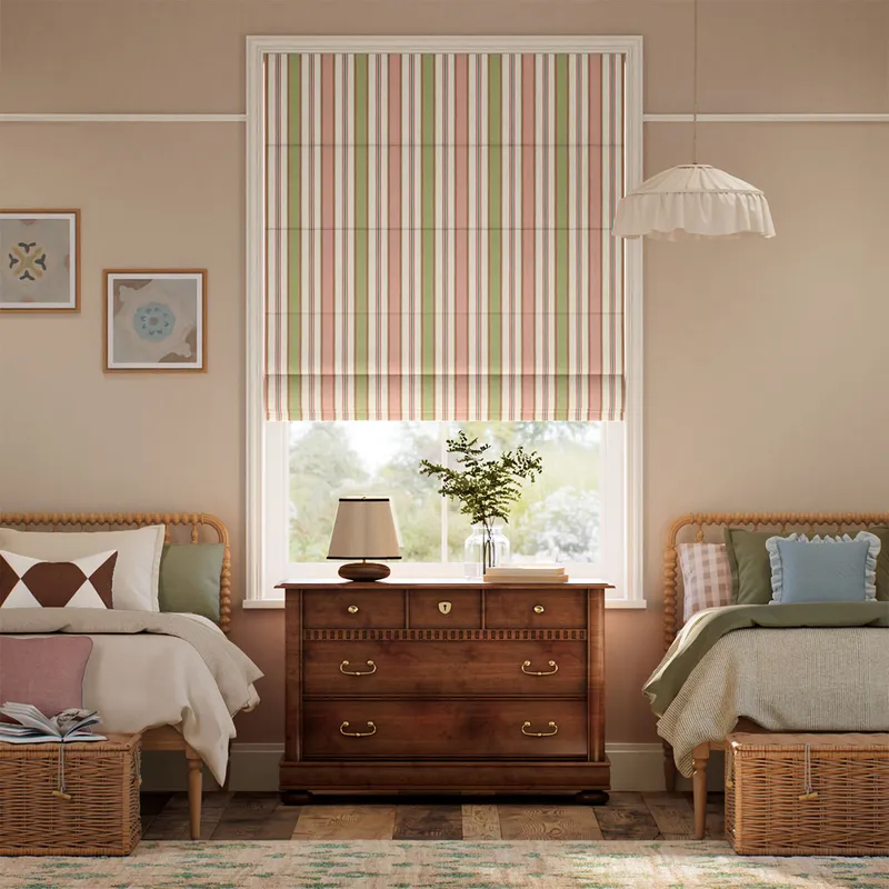College Stripe Green & Blush Roman Blind