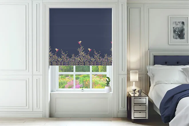 Sara Miller Hummingbird Border Deep Navy - Designer Floral Roman Blind
