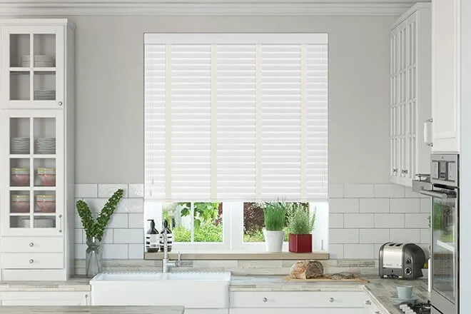 Charisma Bright White Fine Grain - Faux Wood Blind Vanilla Tape