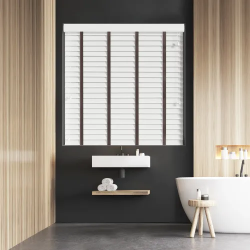 True White Wood Grain Faux Wood Blind With Coffee Ladder Tapes