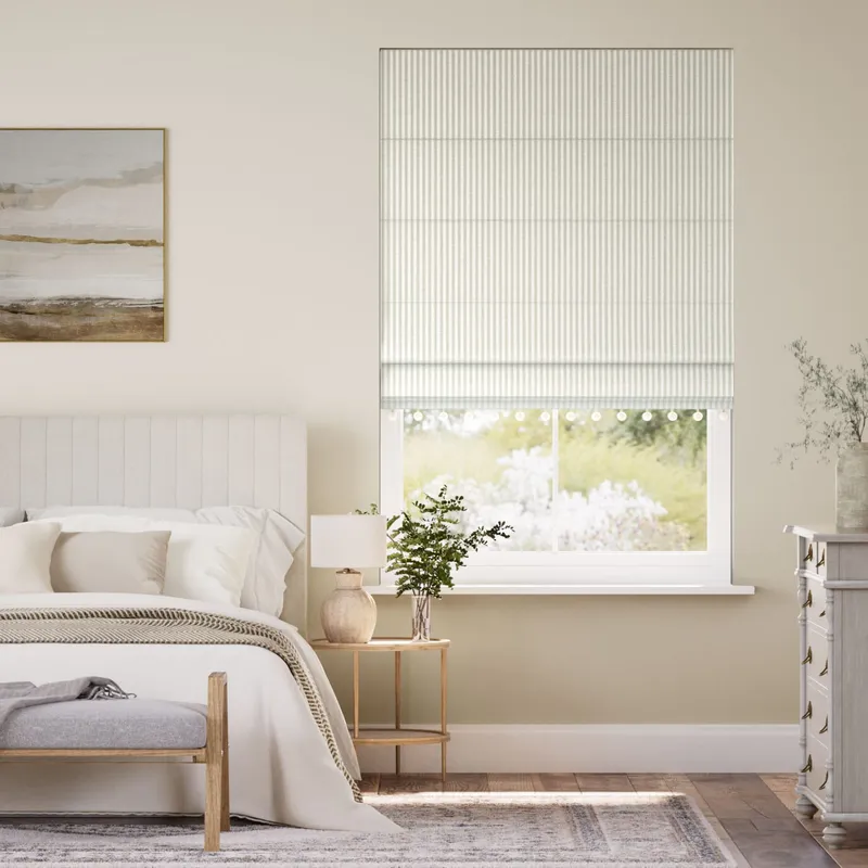 Tiger Stripe Dove Grey & Chalk Trimmed Roman Blind