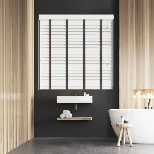 True White Faux Wood Blind With Coffee Ladder Tapes