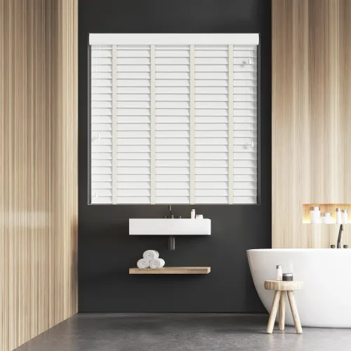 True White Wood Grain Faux Wood Blind With Vanilla Ladder Tapes