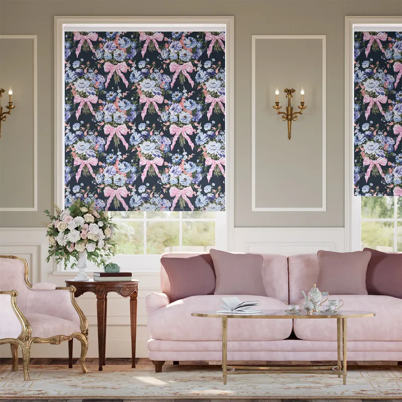 Bow Bouquet Faux Silk Navy Roller Blind