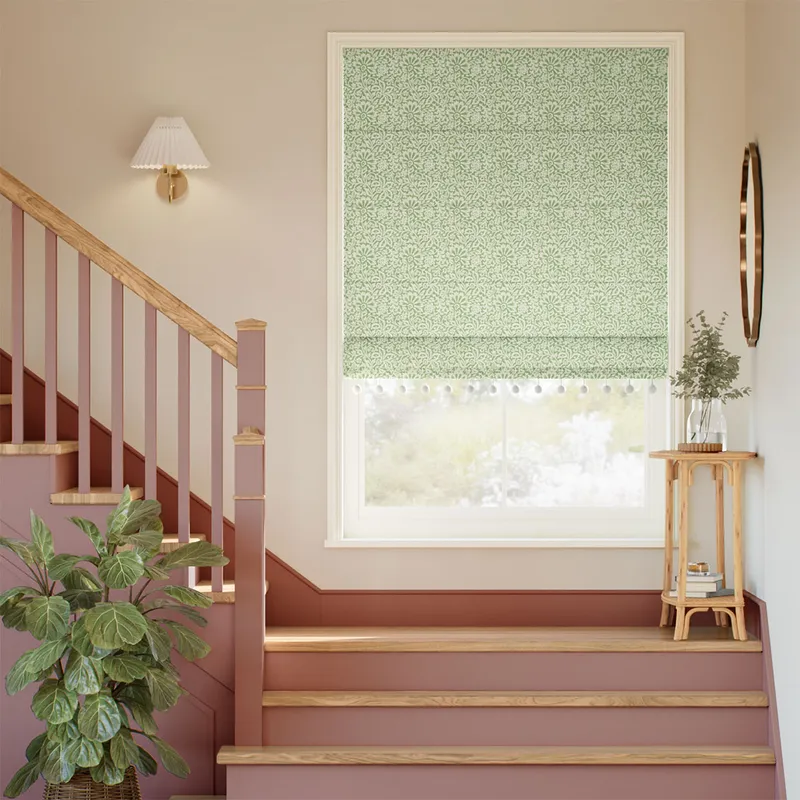 Flower Block Pom-pom Green Roman Blind