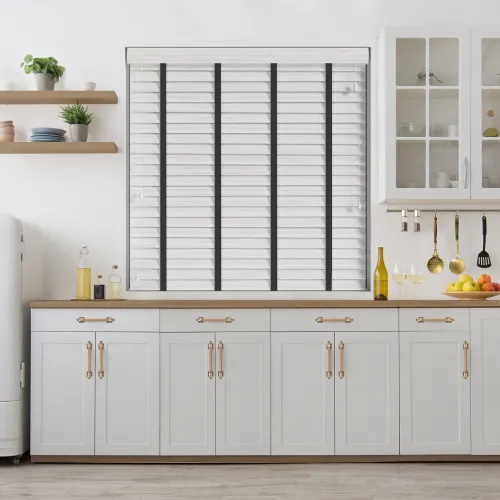 Arctic Oak Wood Grain Faux Wood Blind With Smoke Ladder Tapes