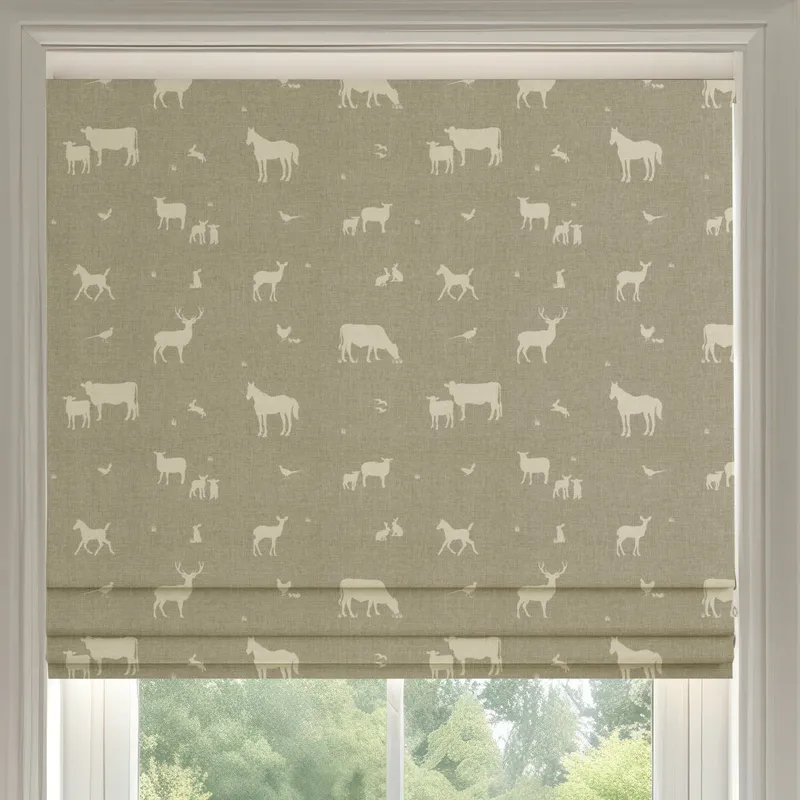 Ante Decor Country Animals Printed Cotton Made To Measure Roman Blind Beige Cream