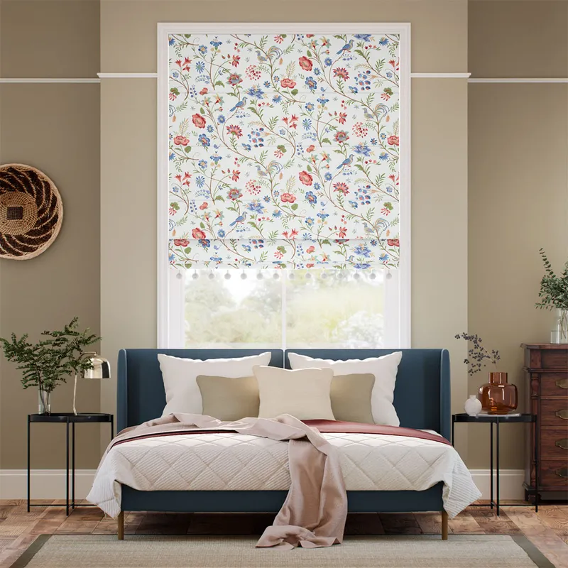 Songbird Pom-pom Blue & Red Roman Blind