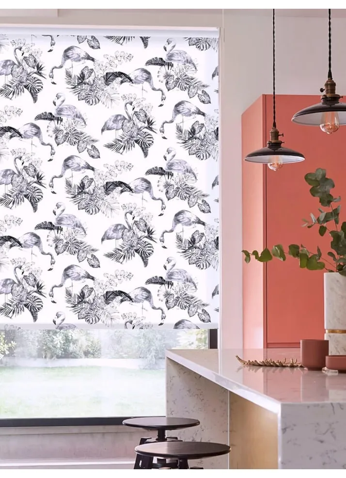 Tropical Flamingo Black &Amp; White Floral Roller Blind