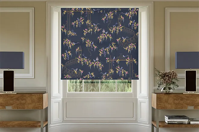 Sara Miller Birds & Gate Deep Navy - Designer Roller Blind