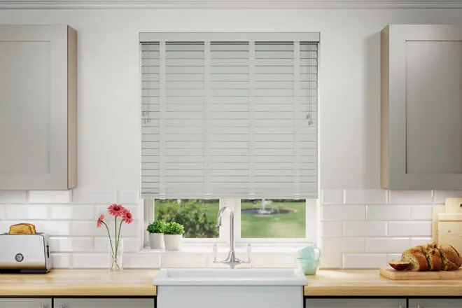 Nordic Light Grey Deep Grain - Faux Wooden Blind Silver Tape