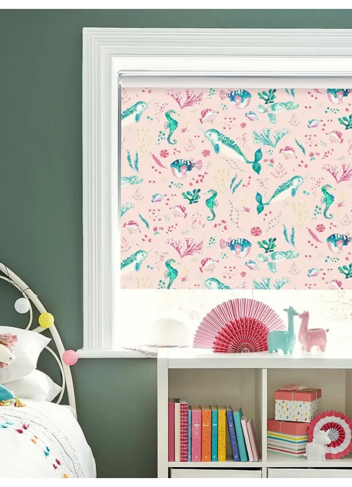 Enchanted Ocean Blush Blackout Cordless Spring Loaded Roller Blind