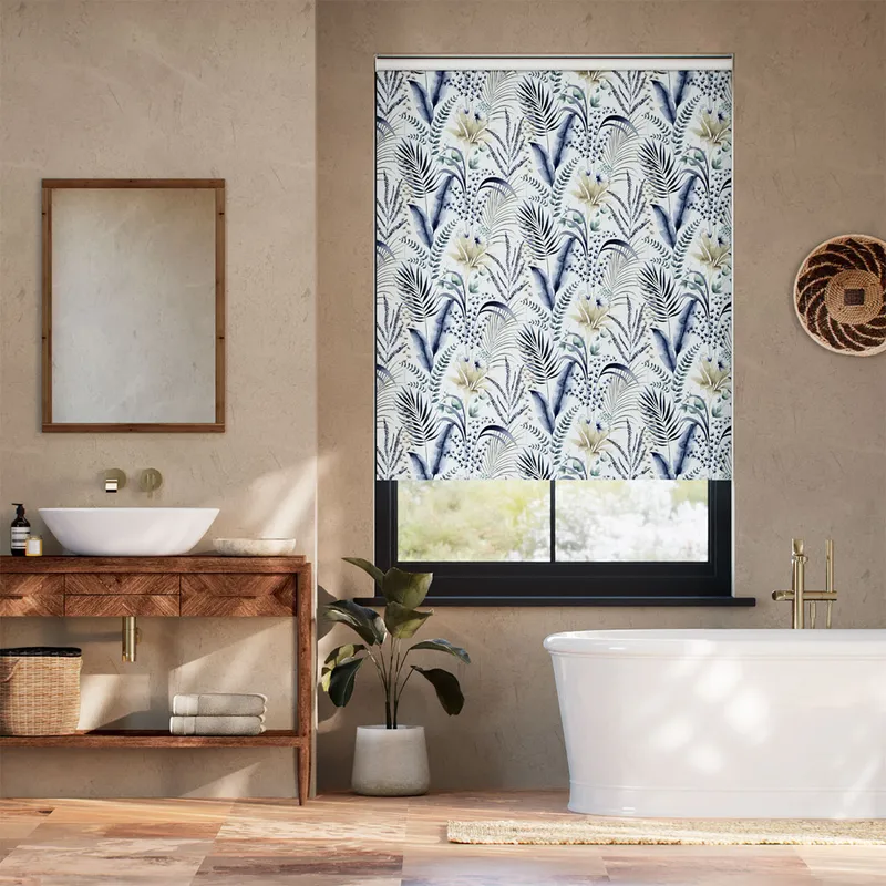 Splash Blackout Inky Botanical Blue Stone Roller Blind