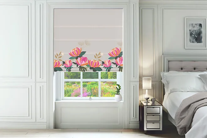 Sara Miller Peony Border Pale Grey - Designer Floral Roman Blind