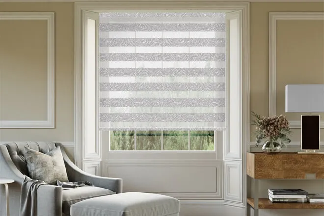 Edina Grey Geometric Patterned Day And Night Blind With Ultra Fine Patterned Voile