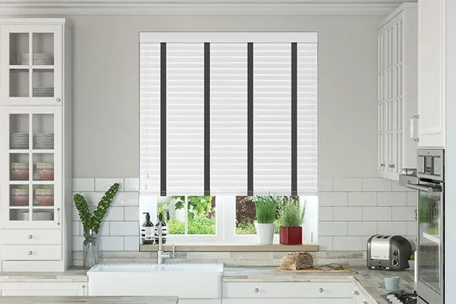 Charisma Bright White Fine Grain - Faux Wood Blind Black Tape