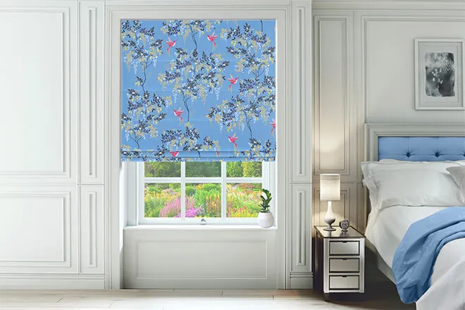 Sara Miller Hummingbird Cornflower Blue - Designer Floral Roman Blind