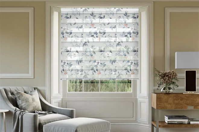 Elmont Blue Floral Day And Night Blind With Ultra Fine Patterned Voile
