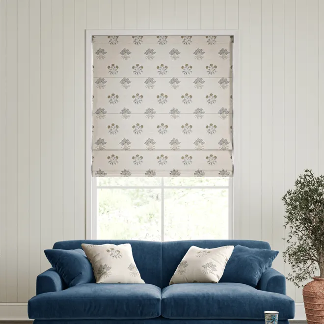 William Morris At Home Lily Flower Embroidery Woad - Designer Roman Blind