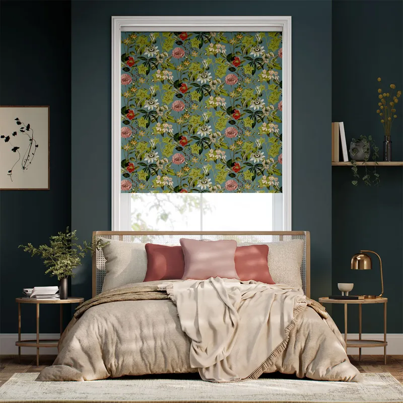 Passiflora Velvet Teal Blue Roller Blind