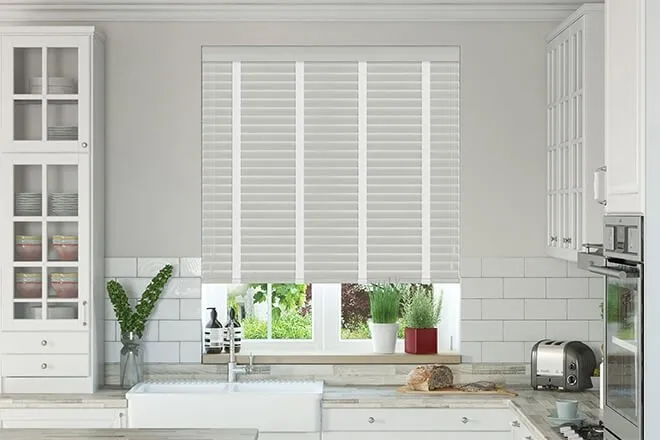 Charisma Light Grey Fine Grain - Faux Wood Blind Super White Tape