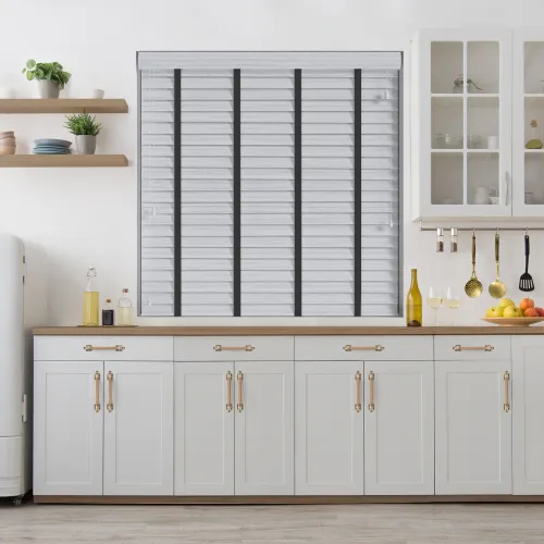 Lunar Oak Wood Grain Faux Wood Blind With Smoke Ladder Tapes