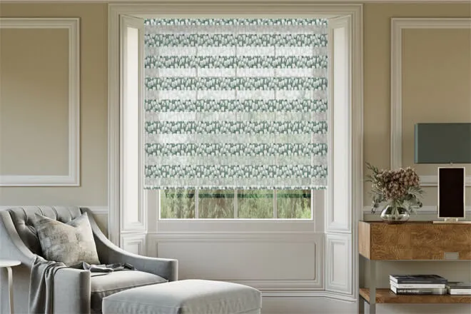 Everest Green Abstract Day And Night Blind With Ultra Fine Patterned Voile