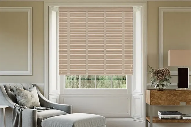 Morgan 50 Desert Oak - 50mm Slat Wooden Blind Light Beige Tape