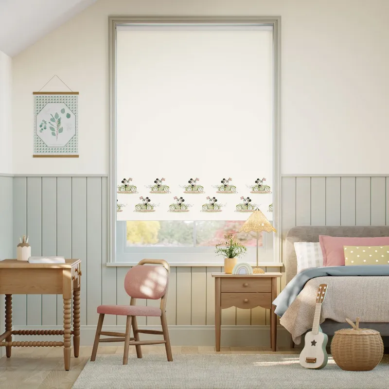 Minnie On The Move Border Blackout Blush Ivory Roller Blind