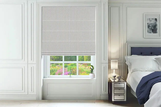 Emily Bond Oscar Stripe Indigo - Designer Roman Blind