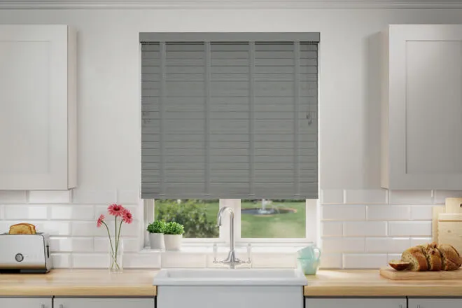 Nordic Grey Oak Wood Effect - Faux Wooden Blind Dark Grey Tape