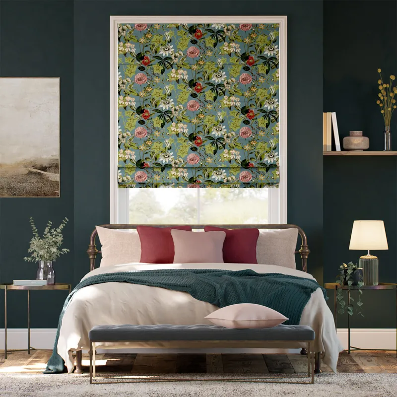 Passiflora Velvet Teal Blue Roman Blind
