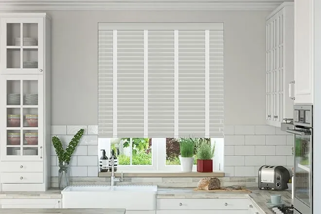 Charisma Light Grey - Faux Wood Blind Super White Tape