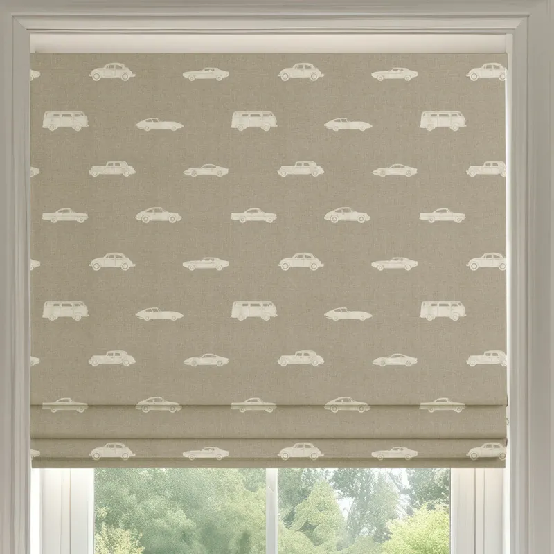 Ante Decor Vintage Cars Printed Cotton Made To Measure Roman Blind Beige Cream