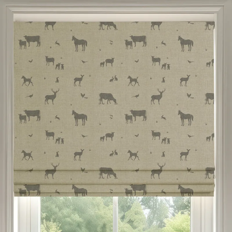 Ante Decor Country Animals Printed Cotton Made To Measure Roman Blind Linen Charcoal