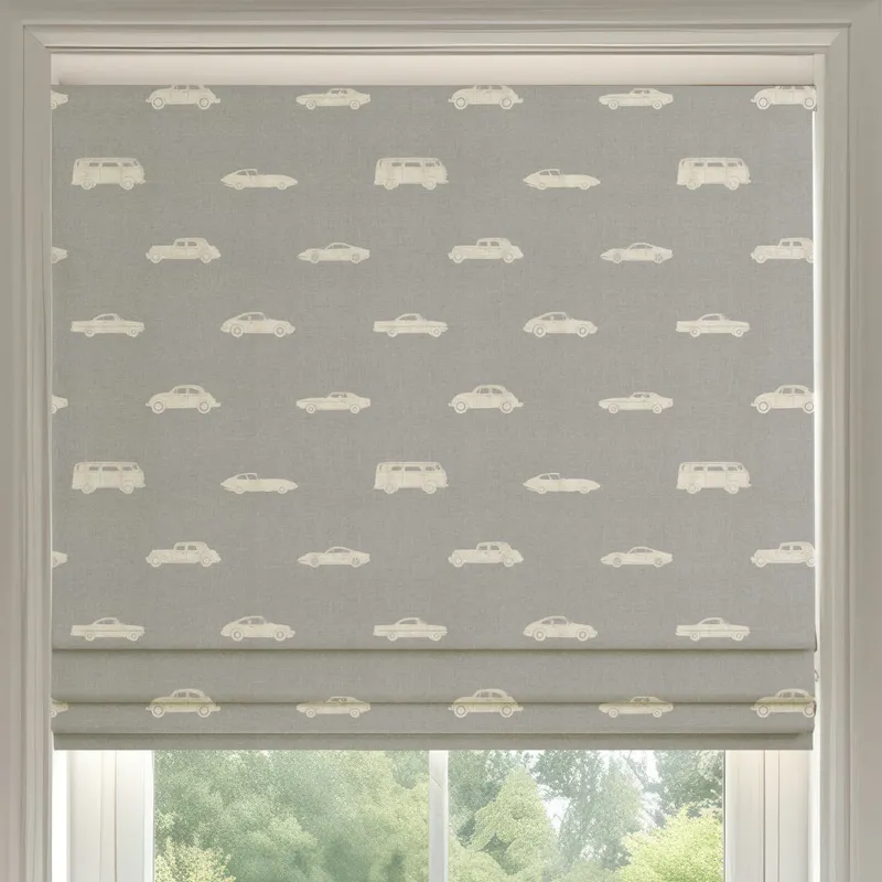 Ante Decor Vintage Cars Printed Cotton Made To Measure Roman Blind French Grey
