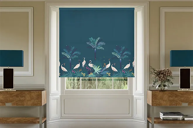 Sara Miller Heron Border Teal - Designer Roller Blind