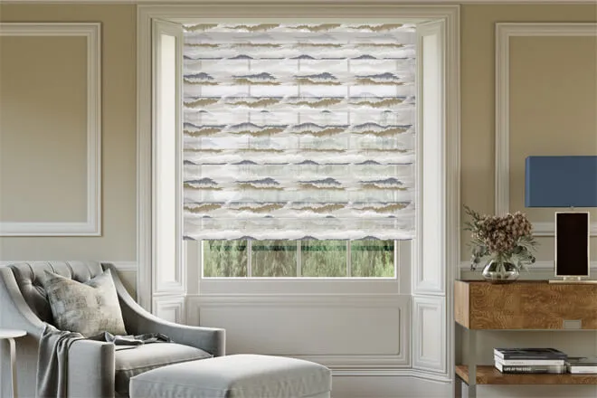 Faroe Navy Abstract Day And Night Blind With Ultra Fine Patterned Voile