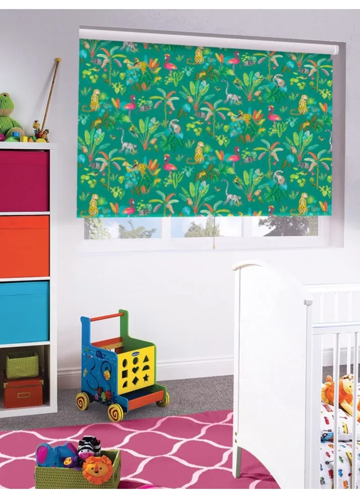 Jungle Jamboree Aqua Blackout Cordless Spring Loaded Roller Blind
