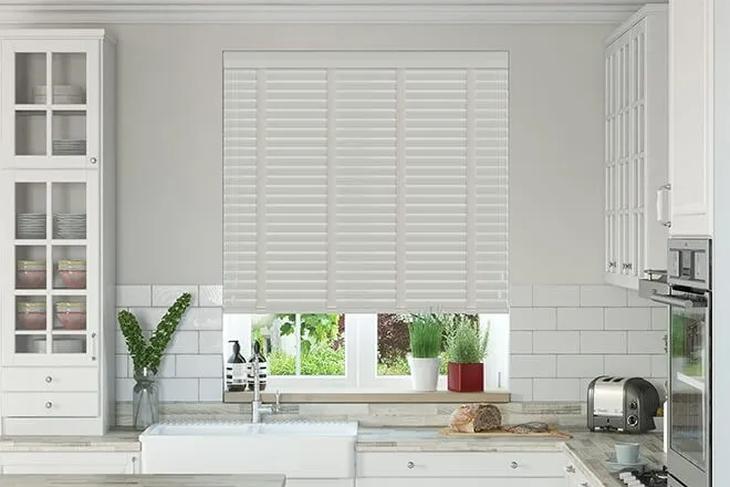 Charisma Light Grey - Slat Faux Wood Blind Dove Tape
