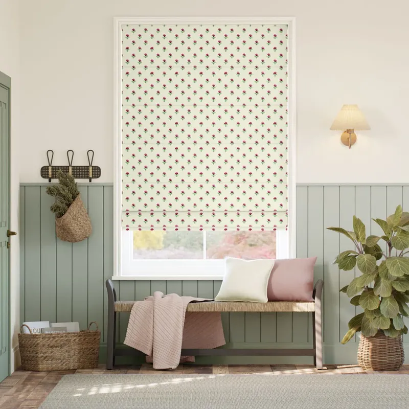 Indian Summer Flowers Rose Pink & Polka Dot Red Roman Blind