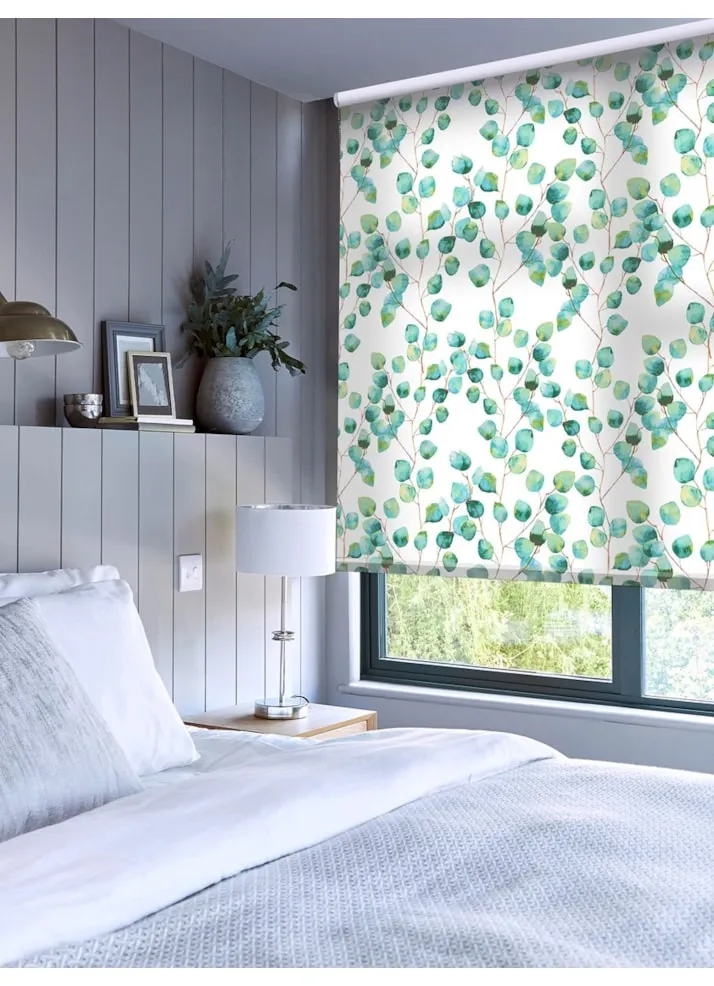 Climbers Aqua Floral Leaf Roller Blind