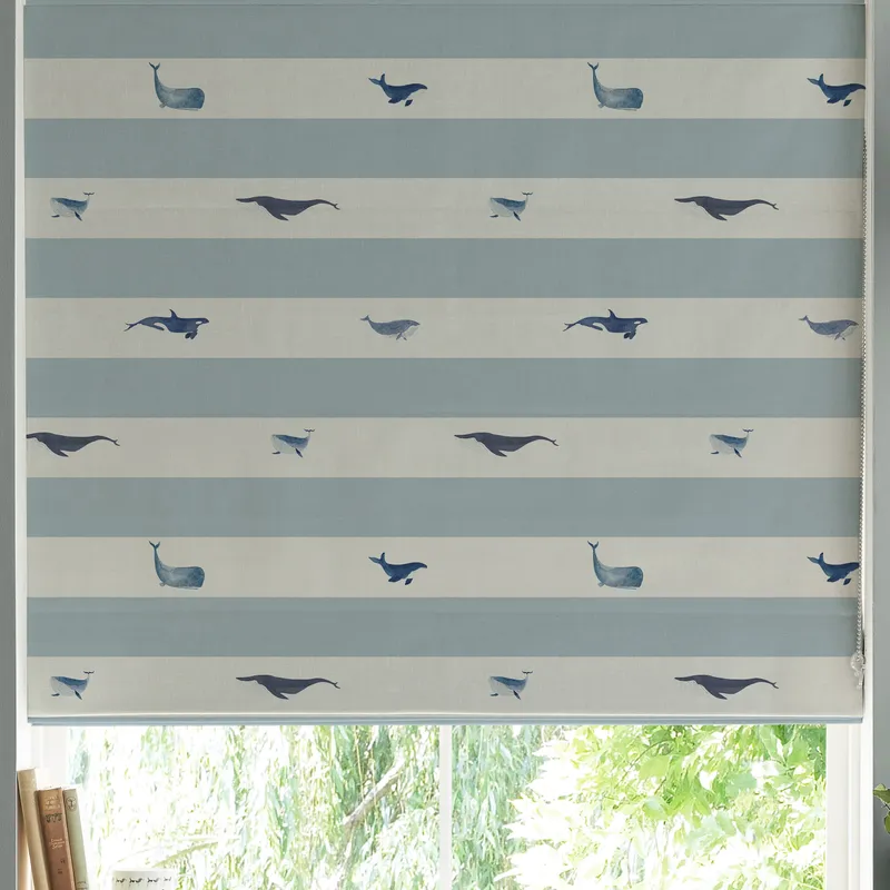 Sophie Allport Whale Stripe Made To Measure Roman Blind Deep Duck Egg