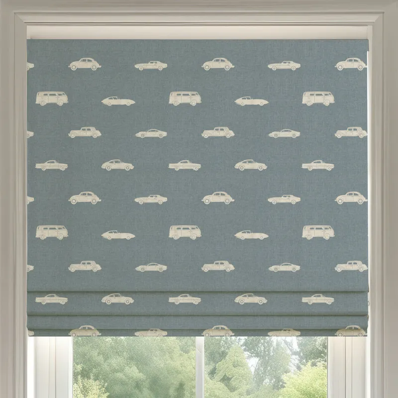 Ante Decor Vintage Cars Printed Cotton Made To Measure Roman Blind Denim