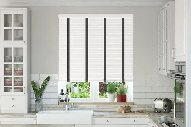 Charisma White Fine Grain - Faux Wood Blind Black Tape