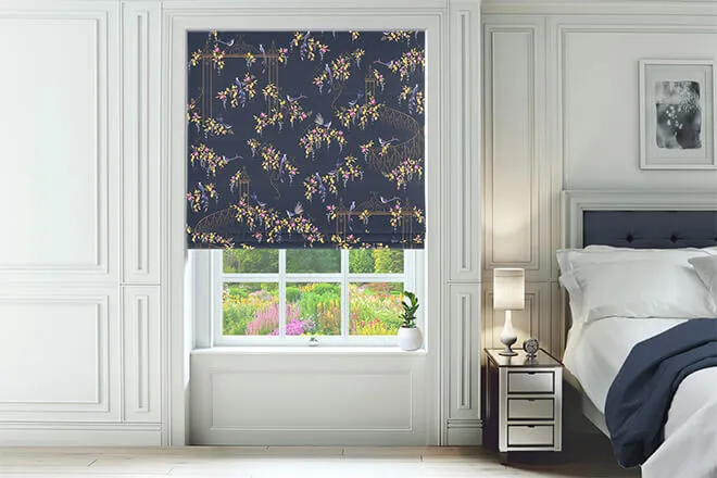 Sara Miller Birds & Gate Deep Navy - Designer Floral Roman Blind
